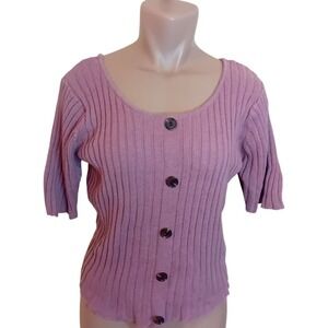 NWOT Women's Guilty‎ Mauve Ribbed Knit Button Short Sleeve Sweater Minimalist L